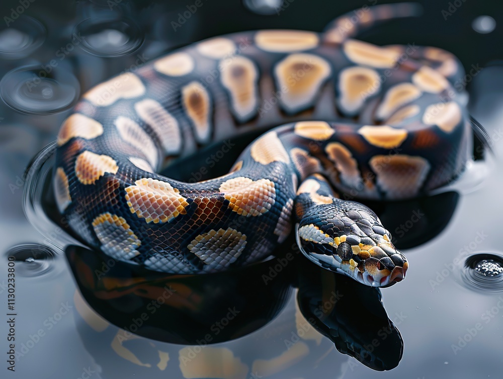 Obraz premium Elegant Female Ball Python on Reflective Black Glass: Perfect for Pet, Reptile, and Wildlife Photography Projects