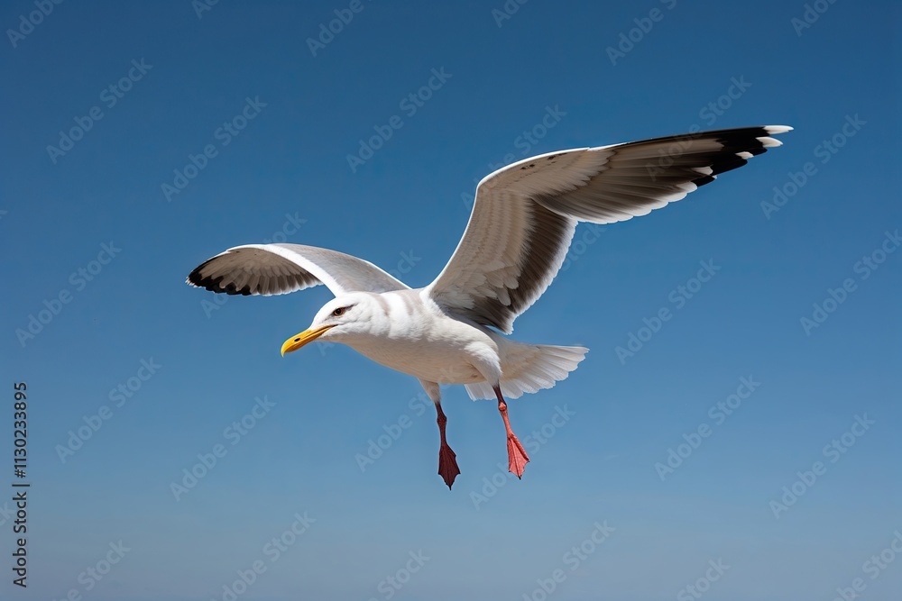 Fototapeta premium Elegant Seagull Gliding Through a Bright Blue Sky