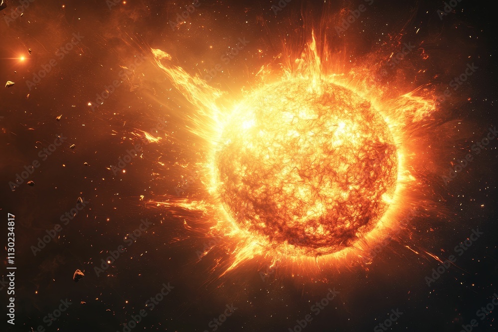 Fototapeta premium Fiery celestial body erupts, space debris flies.