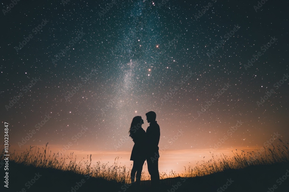 Fototapeta premium Silhouetted couple embraces under starry night sky.
