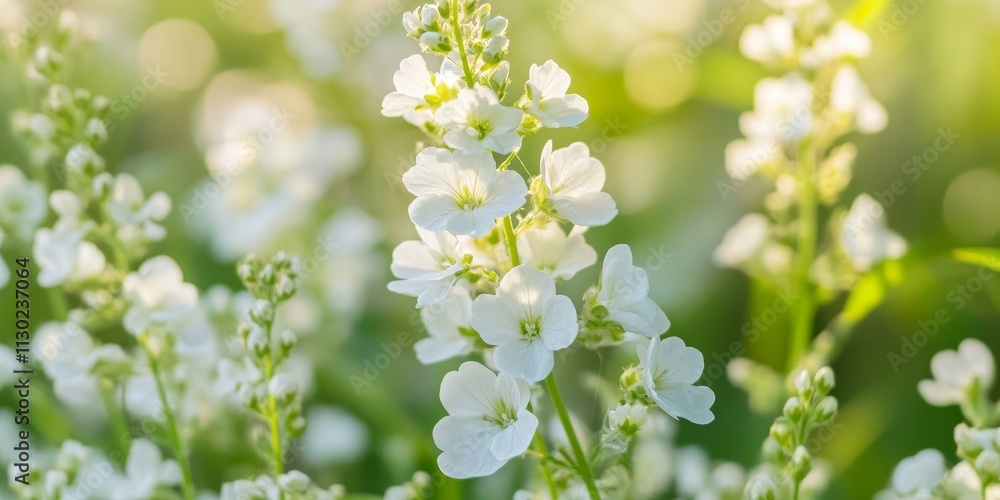 Obraz premium Close up of white flowers of shepherd s purse, also known as Capsella bursa pastoris. The shepherd s purse blooms beautifully in a glade setting. This high resolution photo showcases the shepherd s