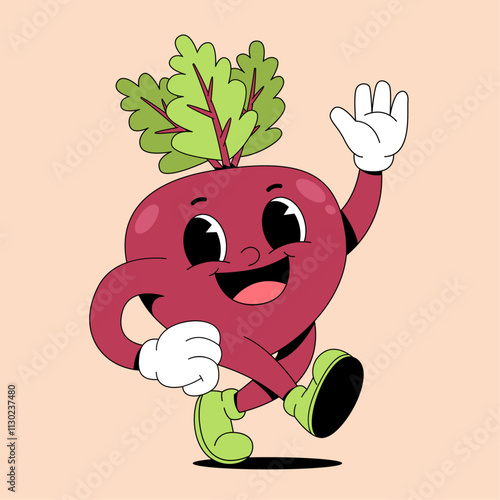 Walking beetroot retro cartoon mascot