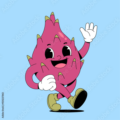 Walking dragon fruit retro cartoon mascot