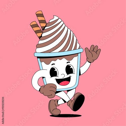 Walking ice cream sundae cartoon mascot