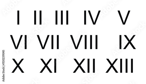 Set of roman numbers isolated on white background. numbers from one to thirteen. ancient number font. roman numerals set