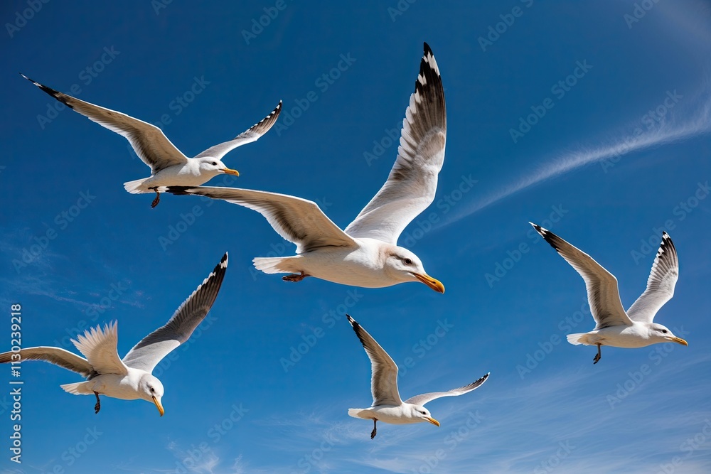 Fototapeta premium Radiant Seagulls in Flight Against a Royal Blue Sky
