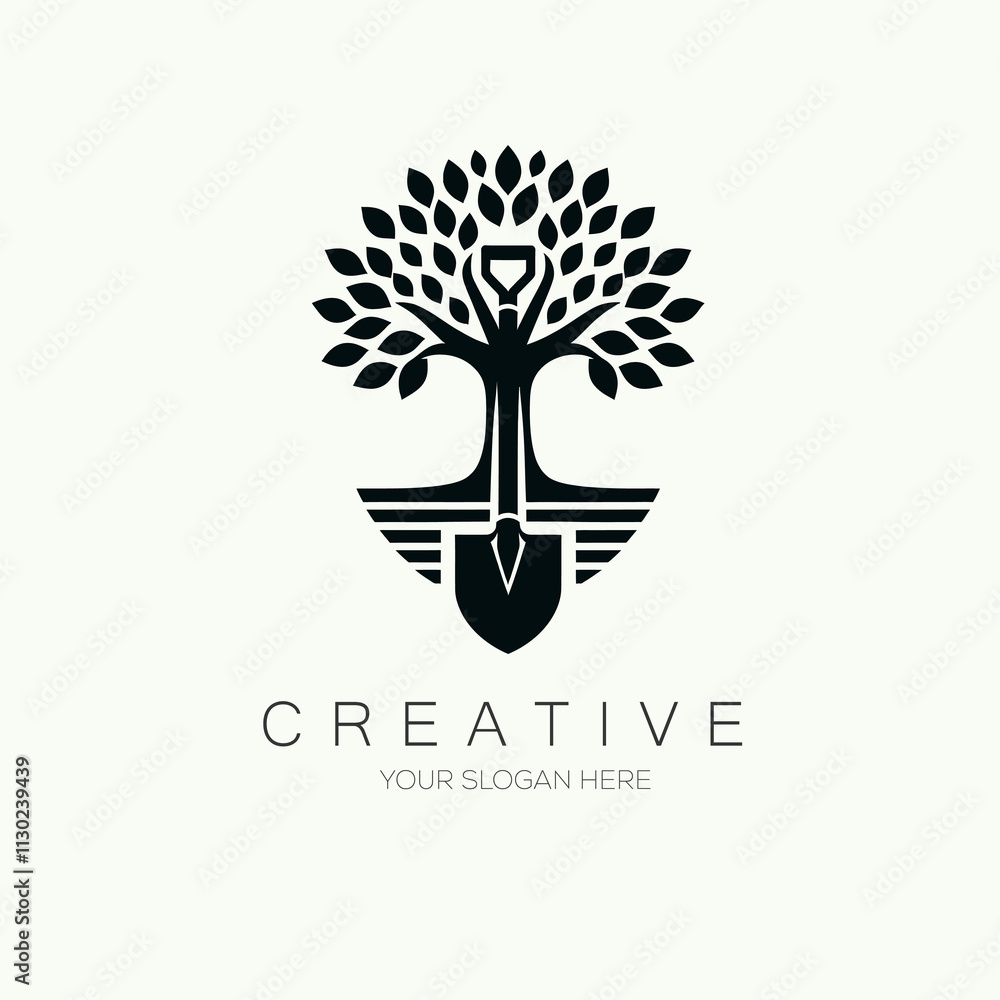 Obraz premium Minimal Tree With Shovel Vector Logo Design