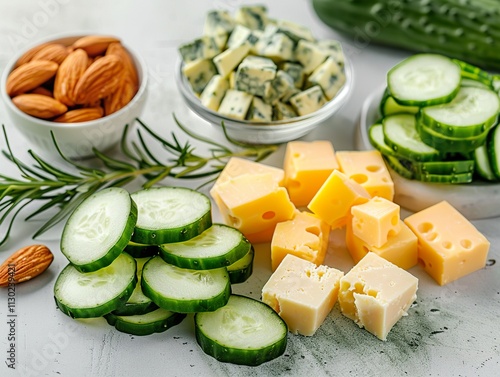 Delicious Keto-Friendly Snacks: Almonds, Cheese, and Cucumber photo