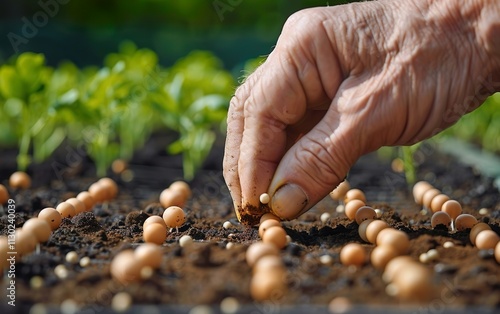 Close up of senior hand planting seeds. Regenerative, sustainable agriculture. Nature restoration, permaculture. Eco friendly conservation, resilience, holistic, biodiversity, soil centric concept photo