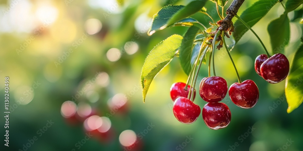 Obraz premium Close up of ripe sweet cherries hanging on a tree branch in a vibrant garden, showcasing the luscious sweetness of cherries and their appealing hues against lush greenery.