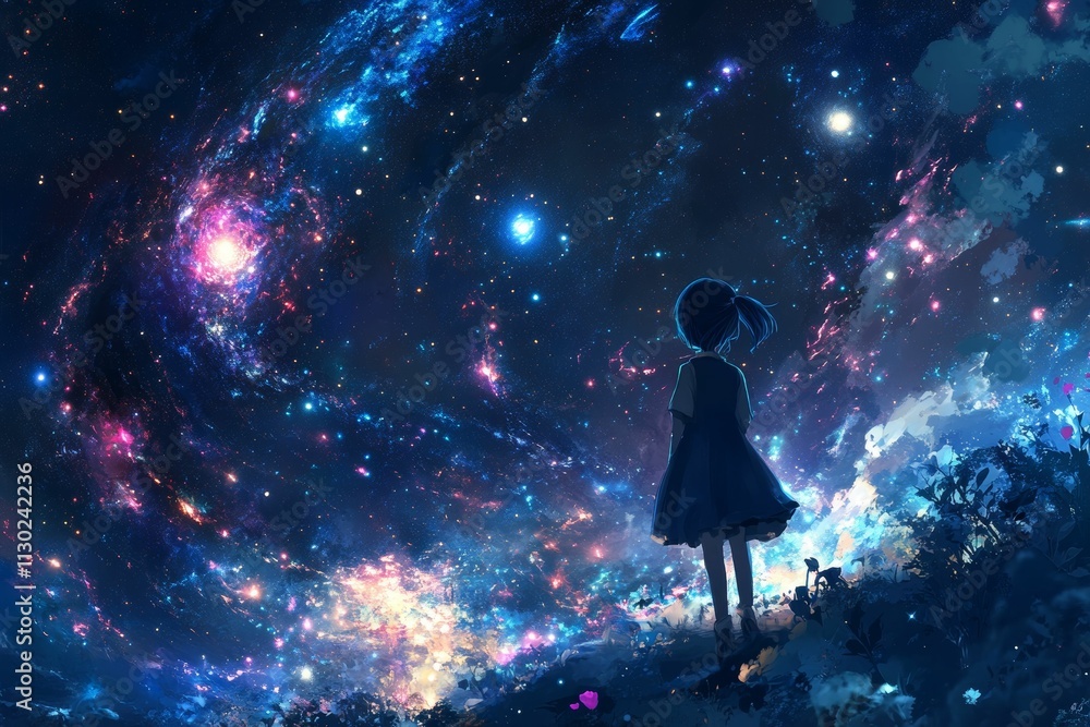Girl gazes at vibrant, cosmic night sky. Girl gazes at vibrant, cosmic night sky.