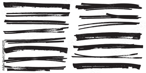 Set of grunge black paint, ink brush strokes. brush collection. Trendy brush stroke for black ink paint. Scribble underline markers set. Horizontal hand drawn marker stripes. 