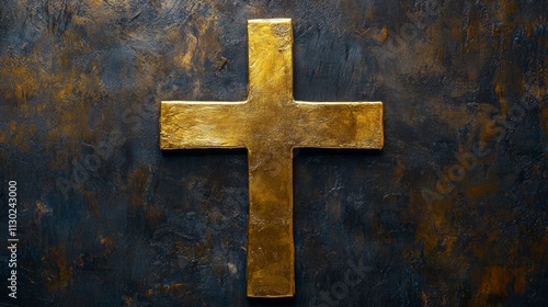 Golden Roman Christian Cross on liturgic black copy space banner background. 3D illustration for online worship church sermon in Advent and Lent. Concept symbolizing penance sacrifice mourning. photo