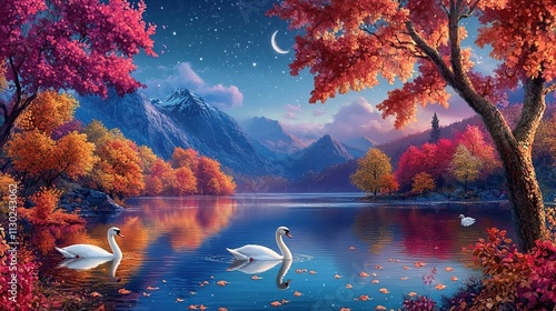 Serene autumn landscape with swans on a calm lake, surrounded by vibrant fall foliage and majestic mountains under a crescent moon and starry sky. photo