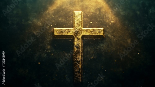 Golden Roman Christian Cross on liturgic black copy space banner background. 3D illustration for online worship church sermon in Advent and Lent. Concept symbolizing penance sacrifice mourning. photo