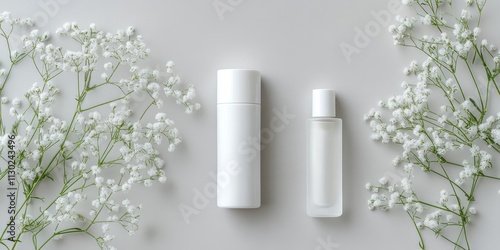 Top view of a mock up model featuring a white squeeze bottle and a plastic tube alongside small white flowers on a soft gray background. Emphasizing the natural organic cosmetics theme. photo