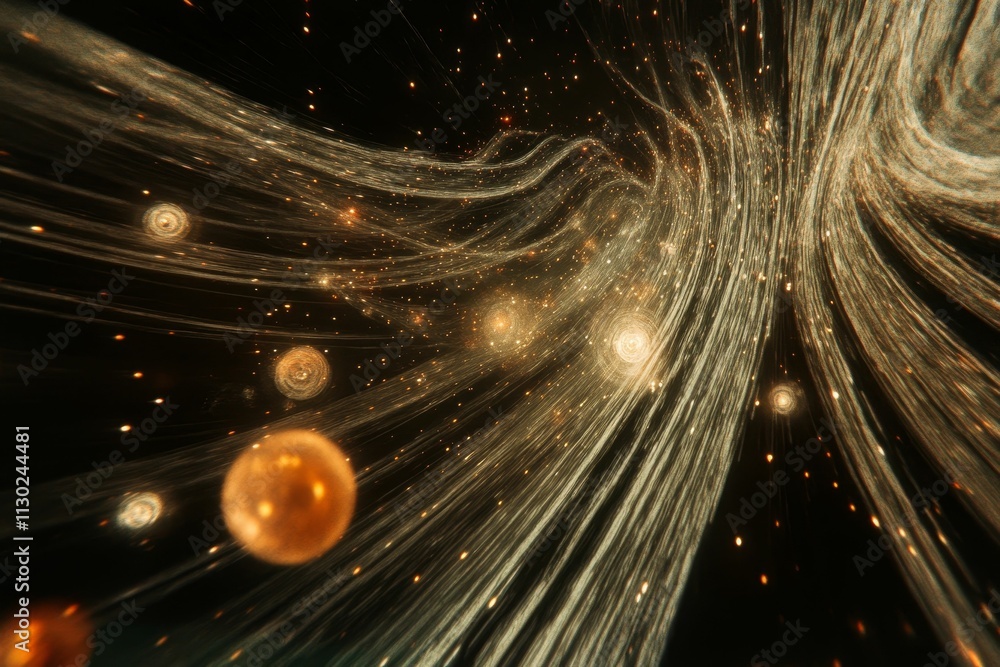Fototapeta premium Golden streaks, glowing orbs, dark background.