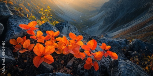 Mountain landscape photography featuring vibrant leaves in the foreground, capturing the essence of nature s beauty in mountain landscape photography for stunning visual appeal. photo