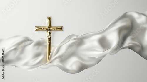 Waving satin with golden Christian Cross on liturgic white copy space. 3D Illustration for online worship church sermon on Christmas and Easter. Concept to celebrate birth and resurrection of Christ photo