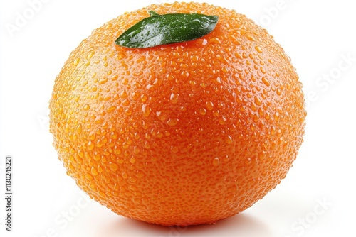 Juicy orange with water droplets and leaf. Perfect for health, food, and drink themes. photo