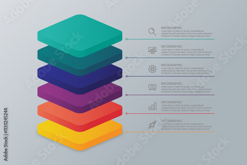 6-Layer 3D Square Chart Template with Icons. Modern Infographic for Business Presentation.