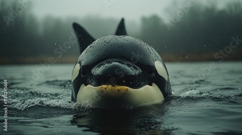 Orca surfacing in dark, misty water; water droplets on its sleek, black and white body. Perfect for documentaries, nature websites, or projects about ocean wildlife. photo