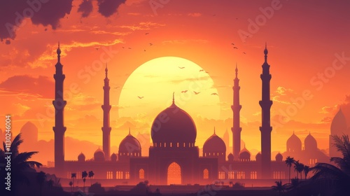 Web banner with silhouette of mosque on evening background.  photo