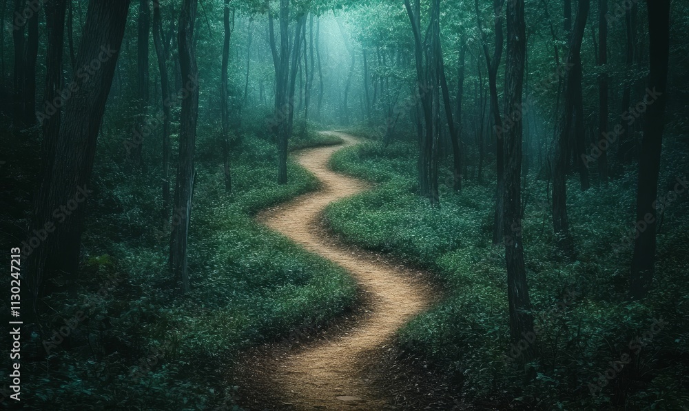 Obraz premium Misty forest path winds through green undergrowth.