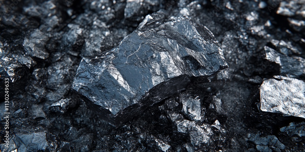 Closeup macro image of black lead zinc ore showcasing its unique irregular texture, reflecting the cold beauty of natural resources and the innovative approach of generative algorithm spatial design.