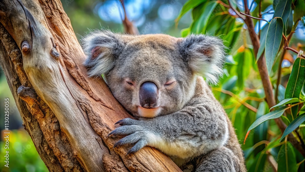 Fototapeta premium Adorable Koala Sleeping in Grey Gum Tree - Australian Wildlife Photography