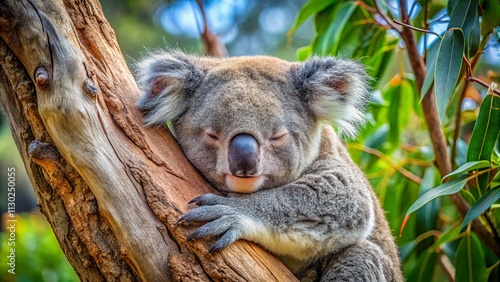 Adorable Koala Sleeping in Grey Gum Tree - Australian Wildlife Photography photo