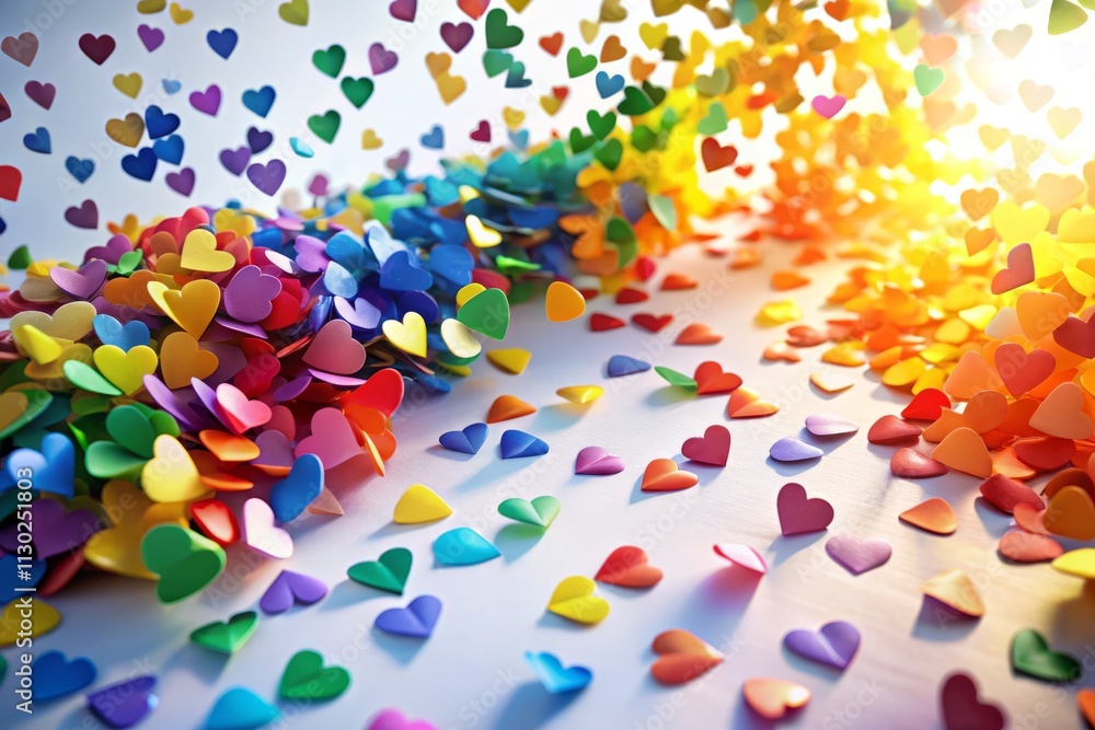 Aerial View: Heart Confetti Explosion, Rainbow Paper Hearts, Festive Celebration, Romantic Background Aerial View: Heart Confetti Explosion, Rainbow Paper Hearts, Festive Celebration, Romantic Background