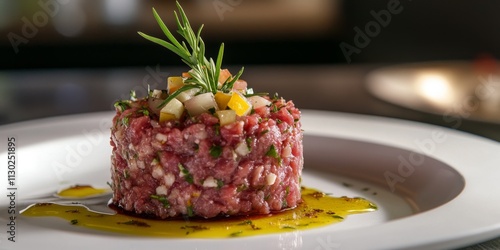 Beef tartar served on a white plate presents a delicious gourmet option. This beef tartar showcases exquisite flavors and textures, perfect for any culinary enthusiast. Enjoy this beef tartar