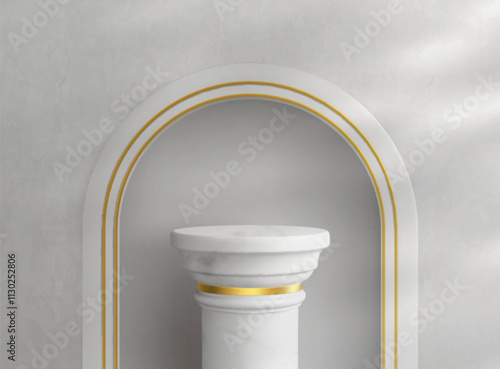 Product promotion podium setting with white marble Greek traditional column with arch niche in wall, golden details and shadow. Realistic 3d vector antique pillar pedestal for cosmetic showcase.