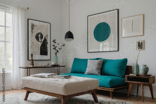 Contemporary Living Room in Elegant Turquoise and White