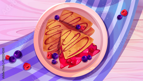 French breakfast setting with crepe Suzette on plate filled with cherry jam topping, fresh blueberries and raspberries, poured with chocolate syrup. Thin pancake on dish stand on pink table with cloth