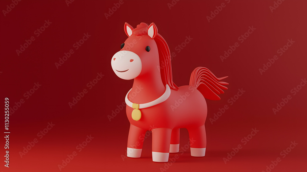 Obraz premium Cheerful Red Horse Figurine Celebrating Chinese New Year with Vibrant Backdrop Ideal for Festive Decorations and Cultural Themes