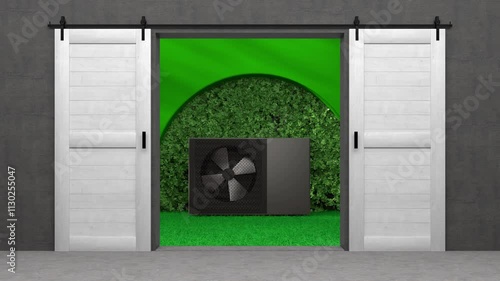 rotating fan of a heat pump energy as a heater and alternative energy - 3D Animation 4k