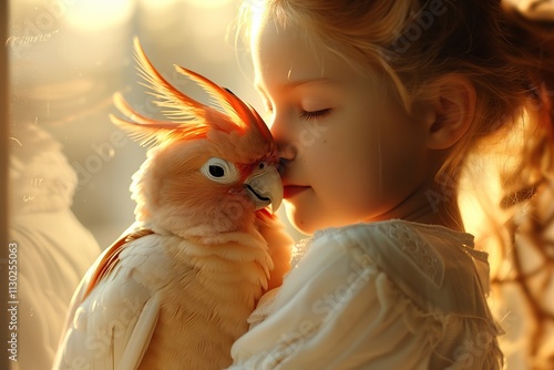 A girl shares a tender moment with her pet bird, showcasing affection and connection. photo