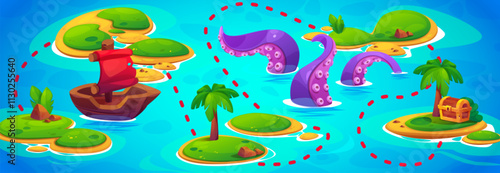 Game level map with marked path - boat with red sails on blue sea or ocean water background, tropical islands with sand beach and palm trees, octopus tentacles, treasure chest at finish of way.