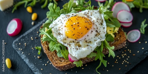 Delicious poached egg served on rye bread toast, paired with creamy cheese, sprinkled with pepper and seeds, complemented by fresh salad leaves and radish, perfect for a homemade breakfast.