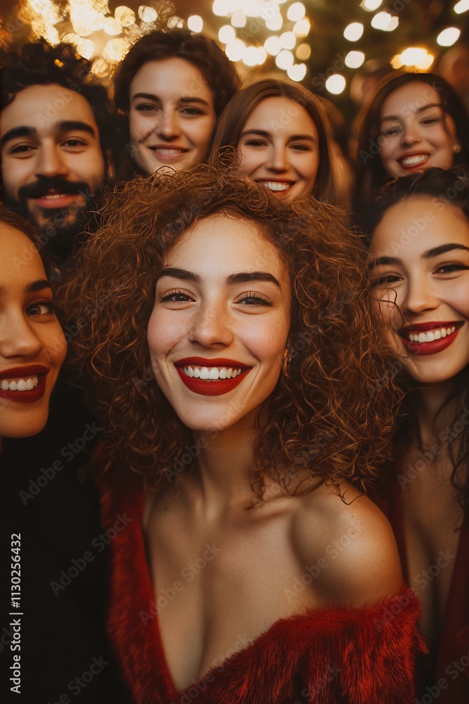 Fototapeta premium Portrait of friends taking a group photo at a holiday party. Everyone is smiling and celebrating the festive season together