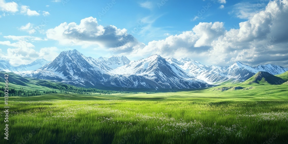 Fototapeta premium Vast field covered with vibrant grass stretches toward majestic mountains capped with snow, creating a stunning landscape perfect for nature enthusiasts and outdoor explorers.