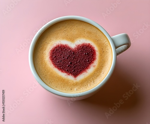 cup of coffee with heart A steaming mug of cappuccino with a heart-shaped foam art sits on a white saucer, perfect for a caffeine boost and a relaxing morning  photo