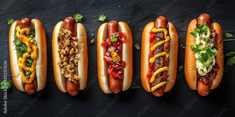 Four hot dogs displayed on a dark background, featuring a close up top view of the delicious hot dogs, highlighting their appetizing appearance and unique toppings. Enjoy the tasty hot dogs Four hot dogs displayed on a dark background, featuring a close up top view of the delicious hot dogs, highlighting their appetizing appearance and unique toppings. Enjoy the tasty hot dogs