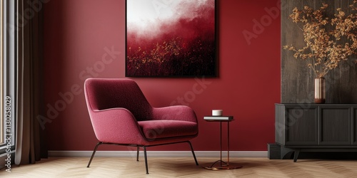 Wallpaper Mural Stylish posters adorning a bright wall in a hotel room interior complementing a burgundy armchair, creating an inviting and contemporary atmosphere with artistic flair. Torontodigital.ca