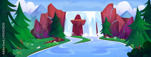 Cartoon summer landscape with waterfall - river stream with water falling from brown cliff rocks, mountain peaks and blue cloudy sky on background, green fir trees, grass and flowers on banks.