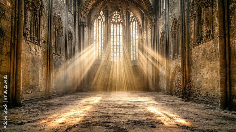 Naklejka premium Sunlight streams through tall stained glass windows, casting golden rays across the dusty floor of a gothic cathedral