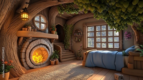 Cozy treehouse bedroom interior with fireplace, wooden bed, and plants.  Perfect for fairytale or fantasy themes.