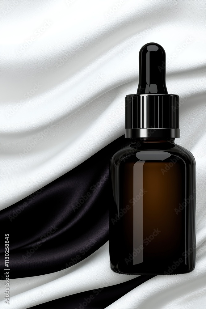 Naklejka premium Elegant Amber Dropper Bottle with Black Cap on Satin Fabric: Luxury Skincare Product Photography